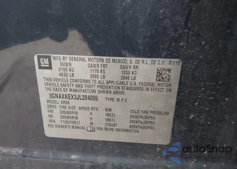 2018 Chevrolet Equinox Lt из США, поврежденный, VIN 3GNAXKEX3JL284009